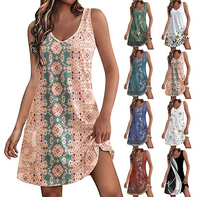 #ad Women#x27;s Summer Sundress Sleeveless Beach Dress Floral Blouses V Neck Loose Dress $10.22