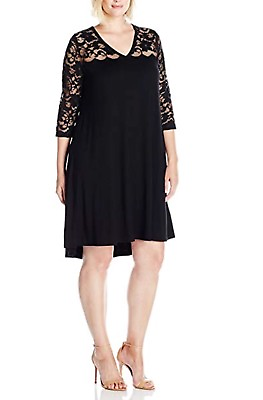 Karen Kane Plus Size V neck Lace Yoke Swing Black Dress 2X Retail $130 $59.99
