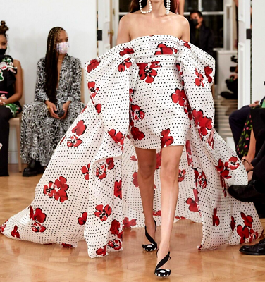 #ad Carolina Herrera 2022 Runway Silk Floral Polka Dot Long Hi Low Gown Dress US 6 $2235.44