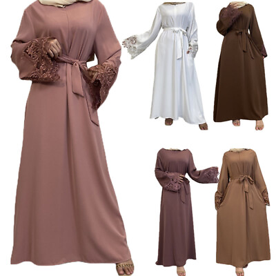 #ad Muslim Women Abaya Long Sleeve Maxi Dress Open Front Zipper Kaftan Dress Gown $41.60