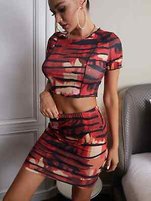 #ad Sexy Casual Stitch Trim Graphic Top Tee with Mini Skirt Outfit 2 Piece Set S M $21.95