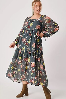 #ad ANTHROPOLOGIE Evelin Gray Floral Square Neck Chiffon Boho Maxi Dress Size M $44.99
