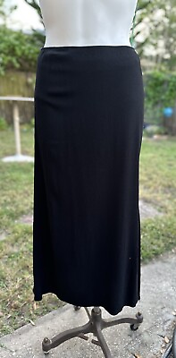 Eileen Fisher Skirt Black Large Elastic Waist Midi Solid Pull On Crinkle *FLAW $18.00