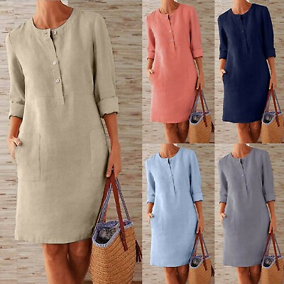 Women Linen Cotton Summer T Shirt Dress Oversize Long Shirt Dress Plus Sundress $18.47