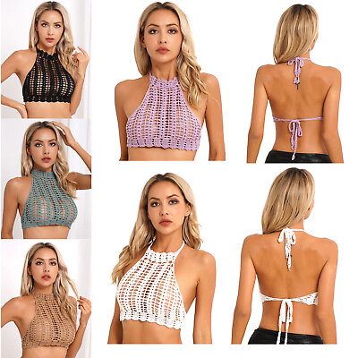 #ad Women Crop Top Lace up Crochet Hollow Out Halter Bikini Tops Swimsuit Cover Ups $7.61