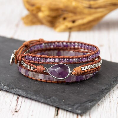#ad Amethyst Crystal Wrap Bracelet Stone Braided Gorgeous Boho for Anxiety Relief $17.89