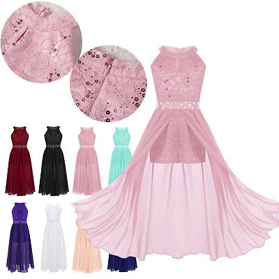US Kids Girls Sleeveless Floral Lace Shiny Rhinestone Maxi Dress Birthday Romper $31.64