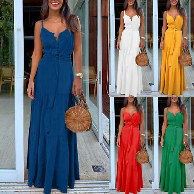 #ad #ad Womens Sleeveless Long Maxi Dress Ladies Summer Beach Party Sundress Plus Size $20.87
