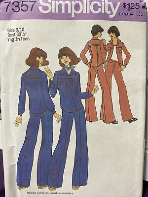 Vintage SIMPLICITY Sewing Pattern 7357 JUNIOR TEEN SHIRT PANTS Size:9 10 UC FF $7.00