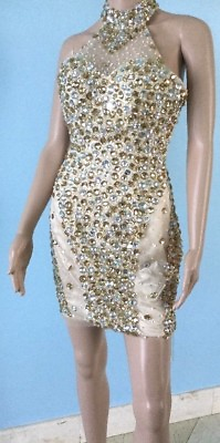 #ad Party Dress Short Formal Evening Prom Pageant Handmade Beige Gold Beaded Gown S $199.00