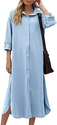#ad Sopliagon Women Cotton and Linen Shirt Dress Casual Loose Maxi Dresses $85.41