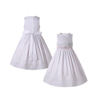 #ad Girls Smocked Dresses Size 6 White A Line Dress Button Closure Lace Up Bow 3 12Y $45.99