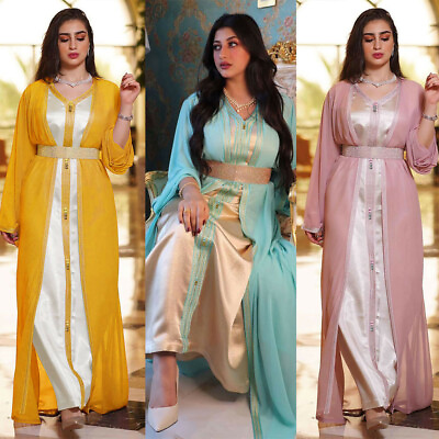 #ad 2Pcs Satin Women Cardigan Maxi Dress Sets Dubai Abaya Open Party Gown Ramadan $62.93