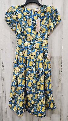 #ad #ad TIMELESS LONDON Size SMALL Blue Lemon Print Tie Back Swing Midi Dress**Pockets** $28.50