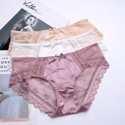3PACK Womens Satin Panties Lace Knickers Cute Underwear Luxury Sheer Bikinis $14.99