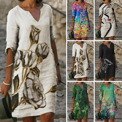 #ad Womens Boho Floral Long Midi Dress Sleeve Ladies Summer Beach V Neck Smock Dress $21.83