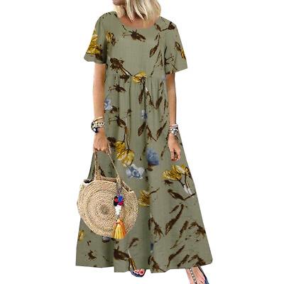 #ad Plus Size Womens Summer Floral Boho Maxi Kaftan Long Sundress Short Sleeve Dress $19.35