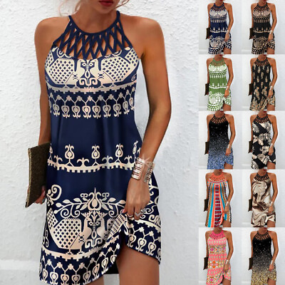#ad Ladies Summer Beach Boho Dresses Holiday Hollow Halter Neck Mini Dress Plus Size $28.55
