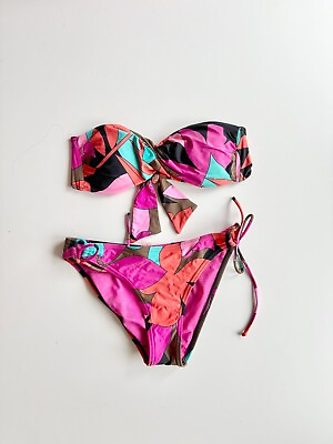 #ad ROXY Pink Orange Tropical Floral Print Bandeau Bikini Set Swimsuit Size S M $35.00