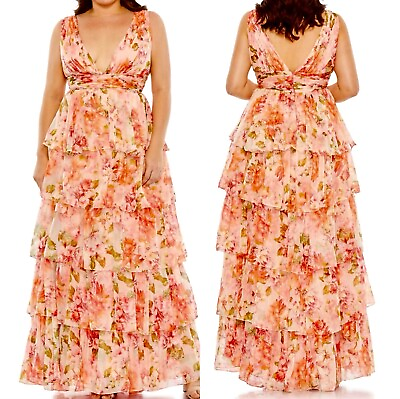 #ad NWT Mac Duggal 68213 Pink Floral Chiffon Tiered Sleeveless Maxi Dress 14W 14 $350.00
