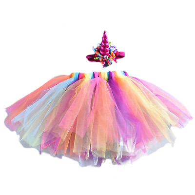 #ad Children Rainbow Color Tutu Skirt Dress Unicorn Headwear Skirt Set for Girls $9.92