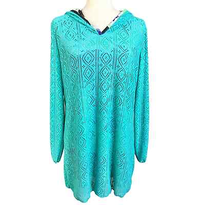 #ad Title Nine Hooded Crochet Beach Cover Up Amphib Tunic Turquoise Womens Size L $25.00