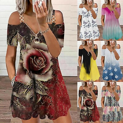 #ad Sexy Women Cold Shoulder Dress Ladies Zipper V Neck Mini Summer Dresses Sundress $12.98