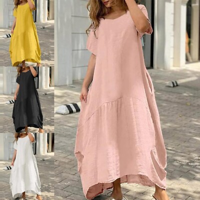 #ad Ladies Maxi Dresses Plus Size Long Dress Bohemian Short Sleeve Holiday Loose GBP 23.99