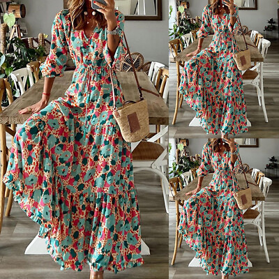 Womens Long Sleeve Floral Maxi Dress Ladies Holiday Ruffle Swing Long Sundress $18.69