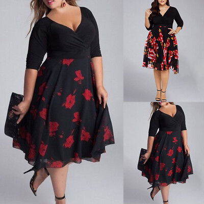 #ad Plus Size Women#x27;s Floral Summer Party Dress V Neck A Line Midi Dresses Ball Gown $19.52