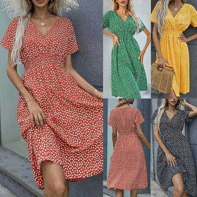 #ad Womens Holiday Boho Floral Midi Dress Ladies V Neck Short Sleeve Beach Sundress $16.01