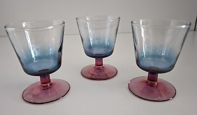 #ad Set of 3 Vintage Blue Cocktail Glasses with Pink Stems Wine Glasses $19.99