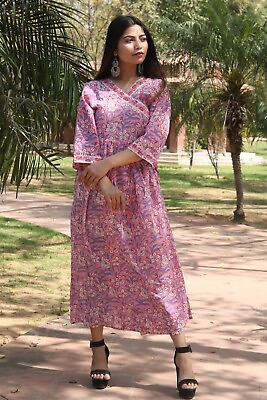 Women#x27;s Designer A Line Kurti Floral Hand Block Print 100% Cotton Maxi Dress $29.21