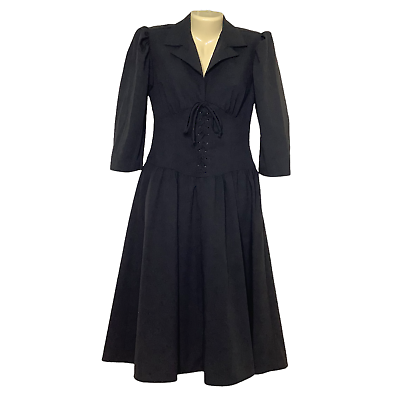 #ad Vintage Dress XS S Soft Black Corset Waist Collared A Line 3 4 Sleeve Rockabilly $58.88