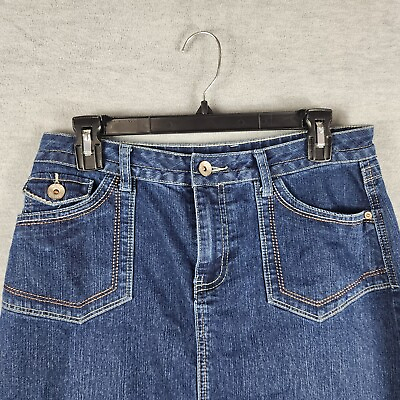 #ad Cato Woman Denim Skirt Size 6 Blue Pockets Embroidered Pockets Medium Length $14.50