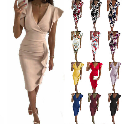 #ad ❤️ Women Floral V Neck Wrap Dress Ladies Evening Party Cocktail Bodycon Dresses❀ $14.64