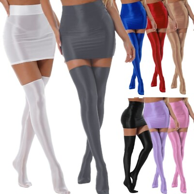 #ad US Womens High Waist Mini Skirt Glossy Skirt with Thigh High Stockings Clubwear $4.74