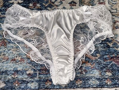 #ad Glossy Smooth Butter Satin amp; Sheer Lace Bikini Panties Sissy Silky White L XL $19.76
