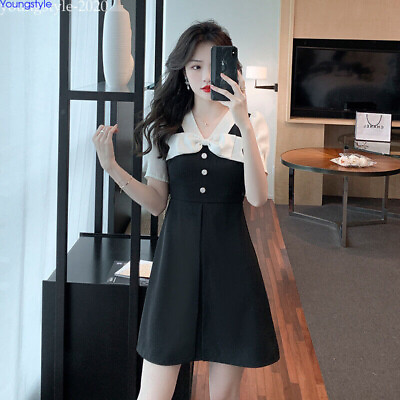 #ad Korean Women Colorblock Bow A line Short Mini Party Cocktail Business Work Dress $32.75