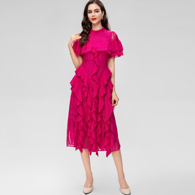 Womens Summer Crew neck Short Sleeve Crocheted Ruffled Lace Dress Ball Gown Size $113.91