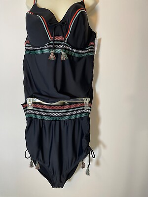 #ad NWT Swim by CACIQUE 2 Piece SWIMSUIT Top Size 46DD Bottom 24 Black Smocked $79.20