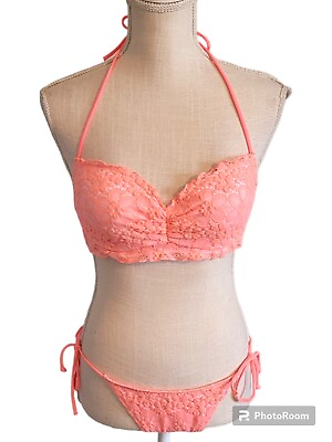 #ad #ad Victorias Secret Bikini Orange And Pink Crochet Style 34C Medium Swimsuit $23.00