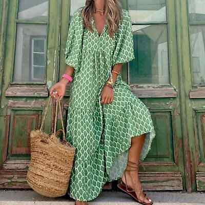 #ad #ad Boho Bohemian Flowing Casual V Neck Green Maxi Dress Size XL $26.00