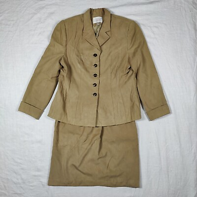 #ad Vtg VALERIE STEVENS 2 piece skirt suit women#x27;s size 16 Tan lined vintage elegant $33.49