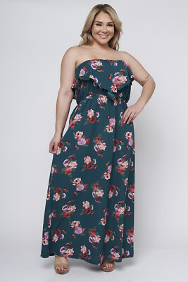Womens Plus Size Green Floral Maxi Dress 3X Strapless Ruffled Neckline $29.95