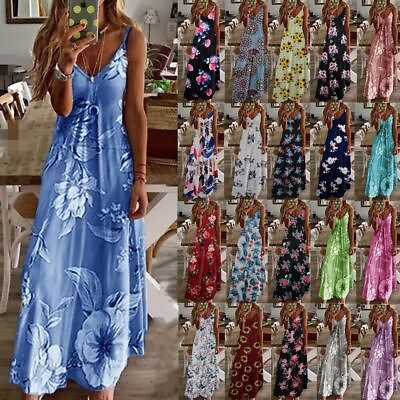 #ad Dresses for Women Ladies Floral V Neck Beach Strappy Boho Dress Plus Size Summer $13.49