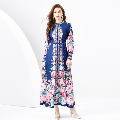 #ad Spring Fall Floral Print Stand Neck Tie Loops Lantern Sleeve Women Maxi Dresses $39.99
