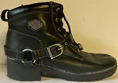 #ad HARLEY DAVIDSON Women#x27;s Tegan Lace Up Zip Black Leather Boots w Buckles Size 10 $47.89