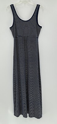 #ad #ad Columbia PFG Maxi Dress Navy Blue White Striped Sleeveless Omni Wick See Measure $18.57