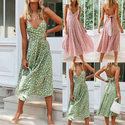 #ad Womens Floral Boho V Neck Backless Midi Dress Summer Loose Sleeveless Sundress $22.38